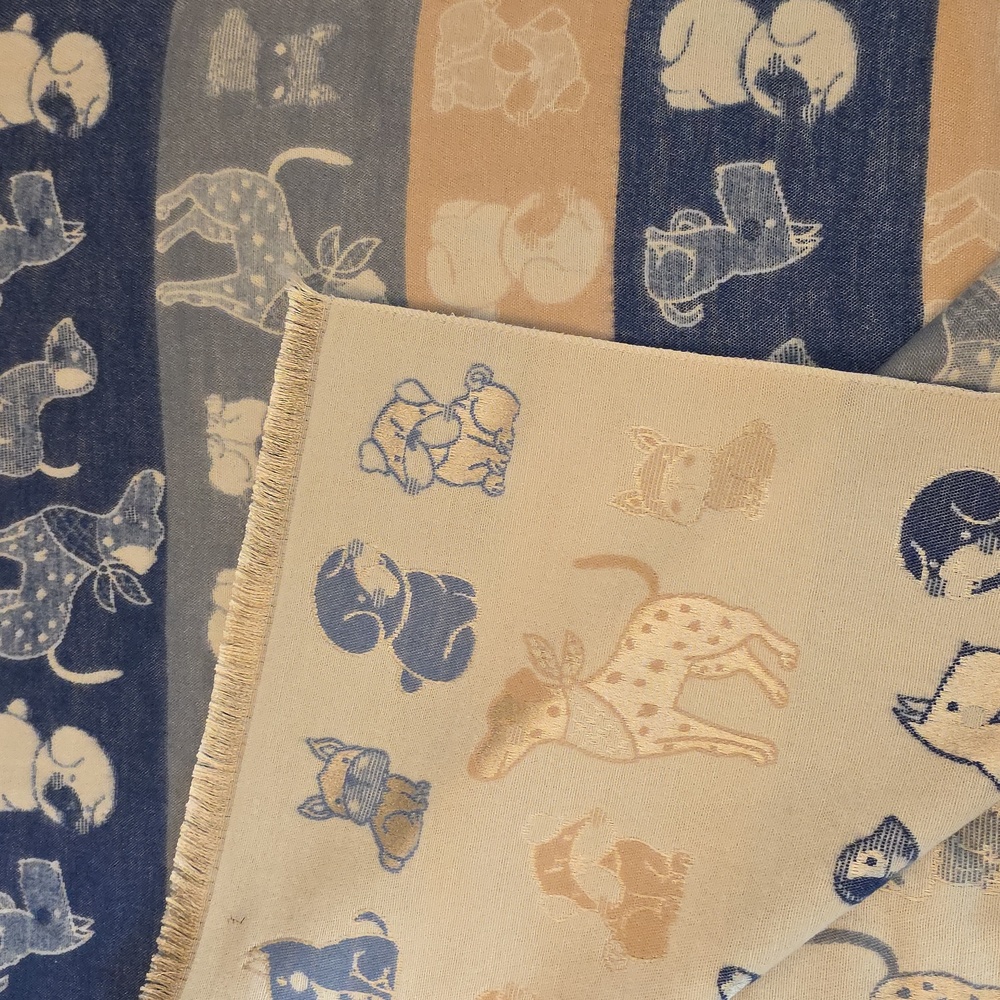 Dog Lover Gift Women's Blue and Tan Embroidered Puppy Print Scarf